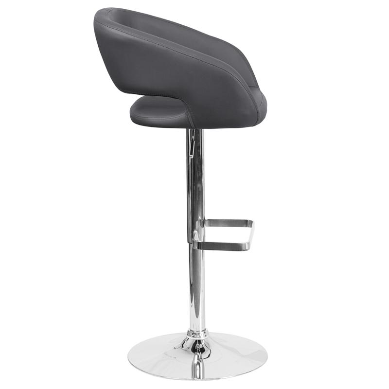 Gray Vinyl Adjustable Height Barstool with Rounded Mid-Back and Chrome Base. Picture 2