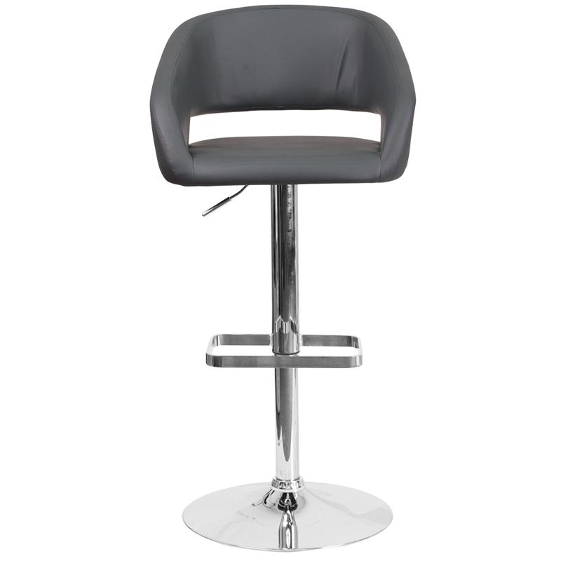 Gray Vinyl Adjustable Height Barstool with Rounded Mid-Back and Chrome Base. Picture 4