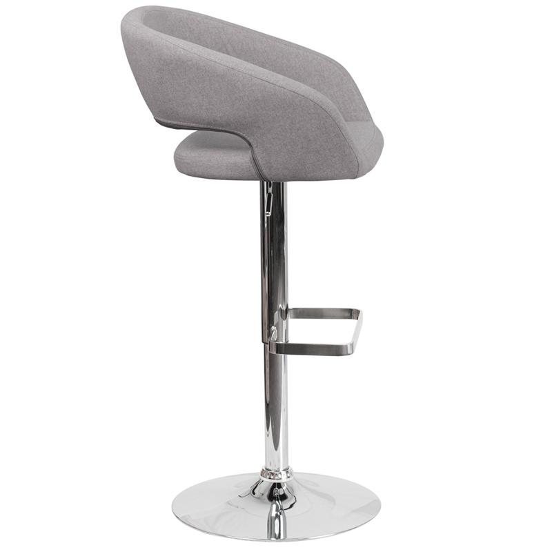 Contemporary Gray Fabric Adjustable Height Barstool with Rounded Mid-Back and Chrome Base. Picture 2