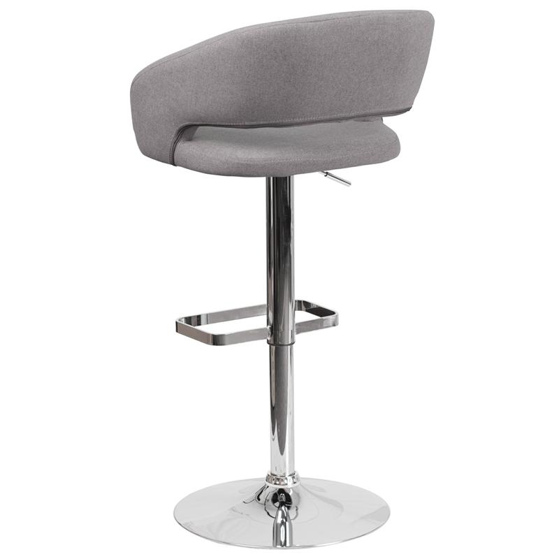 Contemporary Gray Fabric Adjustable Height Barstool with Rounded Mid-Back and Chrome Base. Picture 3