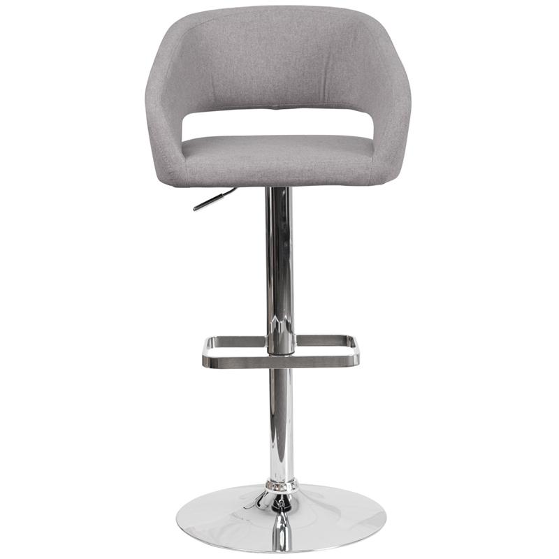 Contemporary Gray Fabric Adjustable Height Barstool with Rounded Mid-Back and Chrome Base. Picture 4