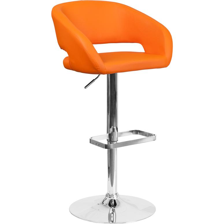 Contemporary Orange Vinyl Adjustable Height Barstool with Rounded Mid-Back and Chrome Base. Picture 1