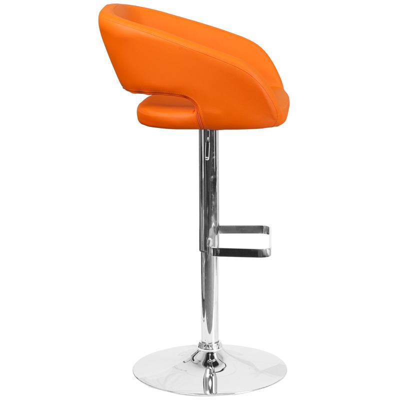 Contemporary Orange Vinyl Adjustable Height Barstool with Rounded Mid-Back and Chrome Base. Picture 2
