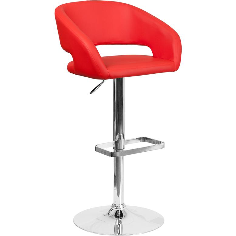 Red Vinyl Adjustable Height Barstool with Rounded Mid-Back and Chrome Base. Picture 1