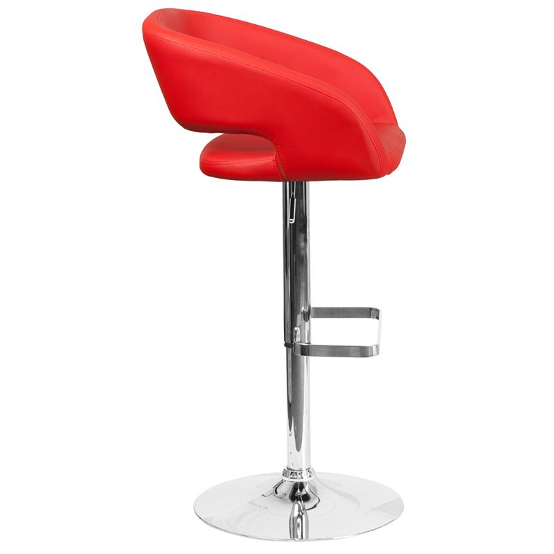 Red Vinyl Adjustable Height Barstool with Rounded Mid-Back and Chrome Base. Picture 2