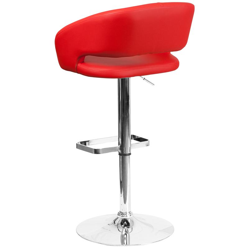 Red Vinyl Adjustable Height Barstool with Rounded Mid-Back and Chrome Base. Picture 3