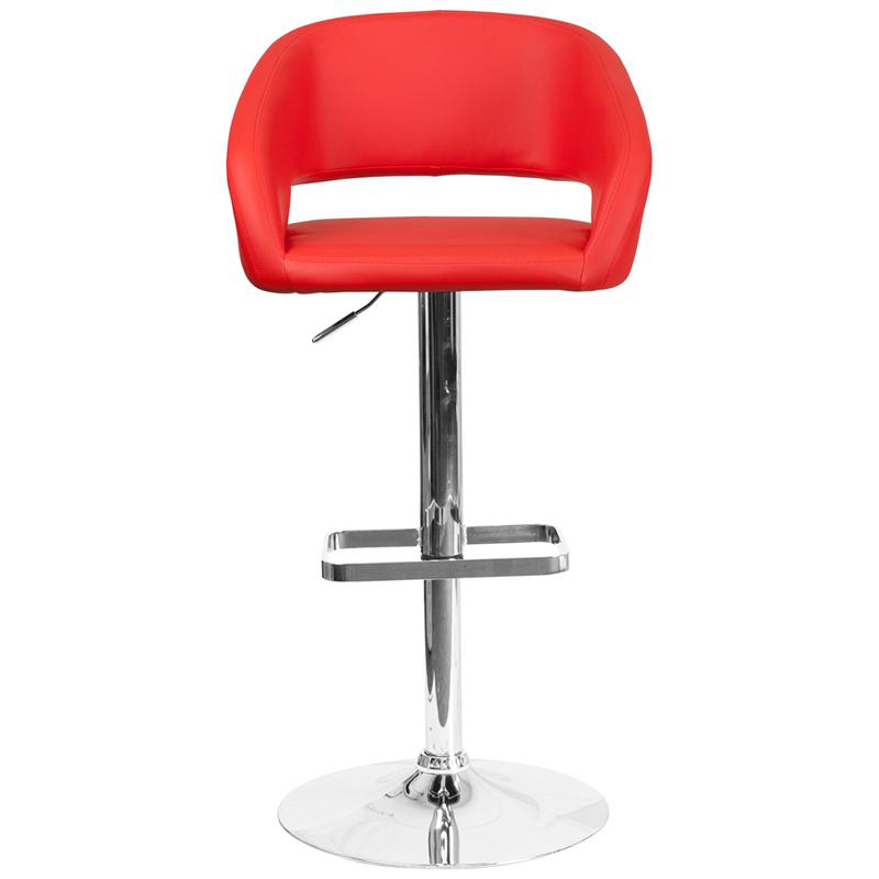 Red Vinyl Adjustable Height Barstool with Rounded Mid-Back and Chrome Base. Picture 4