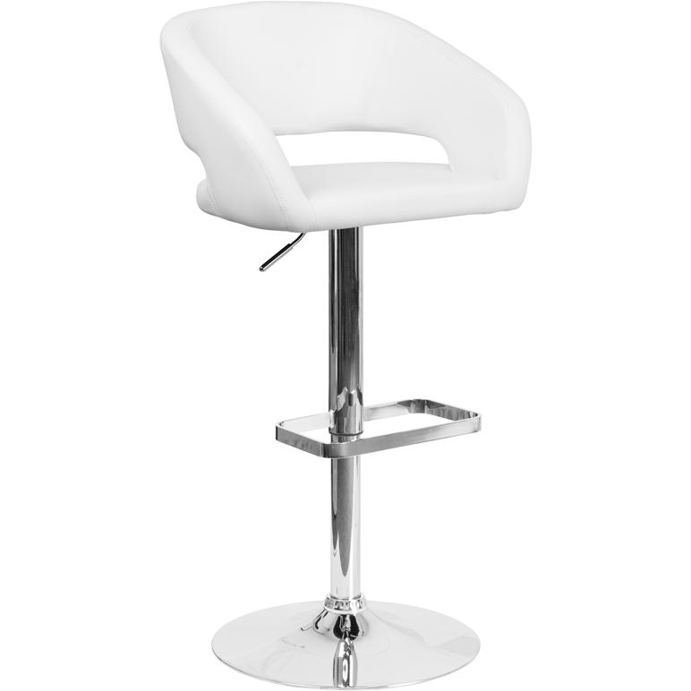 Contemporary White Vinyl Adjustable Height Barstool with Rounded Mid-Back and Chrome Base. The main picture.