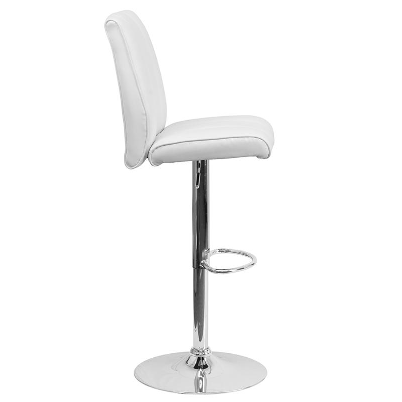 Contemporary White Vinyl Adjustable Height Barstool with Vertical Stitch Panel Back and Chrome Base. Picture 2
