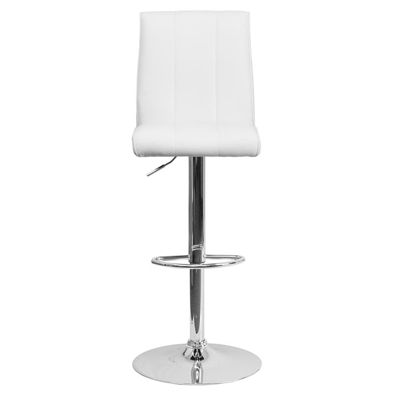 Contemporary White Vinyl Adjustable Height Barstool with Vertical Stitch Panel Back and Chrome Base. Picture 4