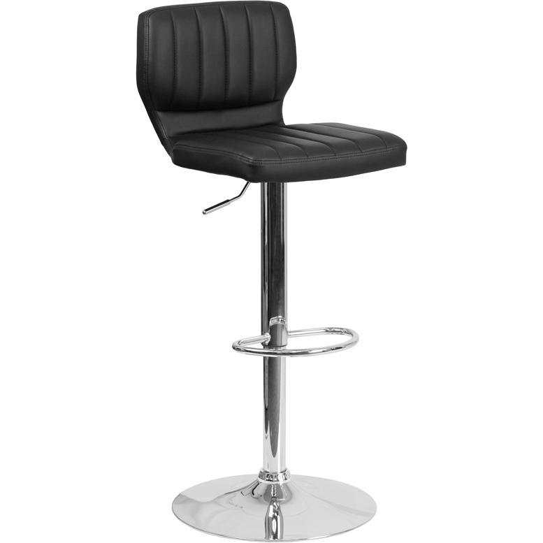 Contemporary Black Vinyl Adjustable Height Barstool with Vertical Stitch Back and Chrome Base. The main picture.