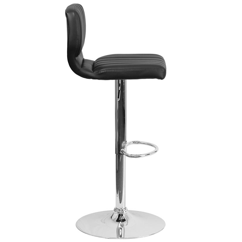 Contemporary Black Vinyl Adjustable Height Barstool with Vertical Stitch Back and Chrome Base. Picture 2