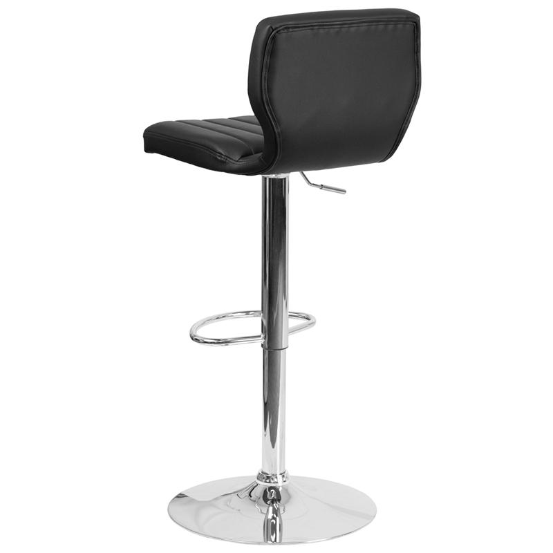 Contemporary Black Vinyl Adjustable Height Barstool with Vertical Stitch Back and Chrome Base. Picture 3