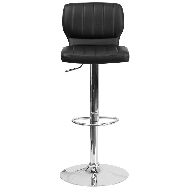 Contemporary Black Vinyl Adjustable Height Barstool with Vertical Stitch Back and Chrome Base. Picture 4