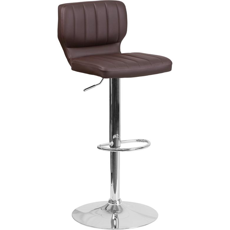 Brown Vinyl Adjustable Height Barstool with Vertical Stitch Back and Chrome Base. Picture 1