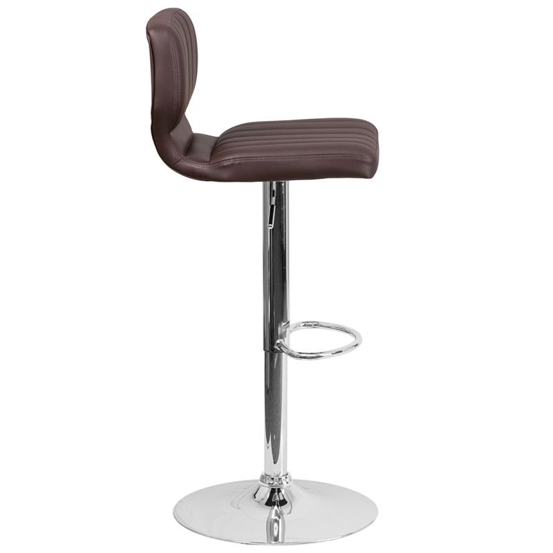 Brown Vinyl Adjustable Height Barstool with Vertical Stitch Back and Chrome Base. Picture 2