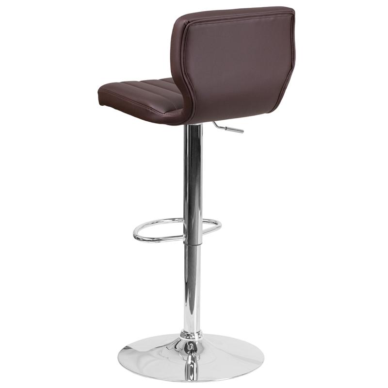 Brown Vinyl Adjustable Height Barstool with Vertical Stitch Back and Chrome Base. Picture 3