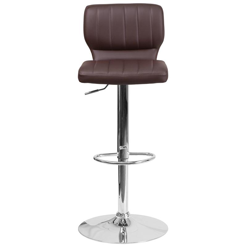 Brown Vinyl Adjustable Height Barstool with Vertical Stitch Back and Chrome Base. Picture 4