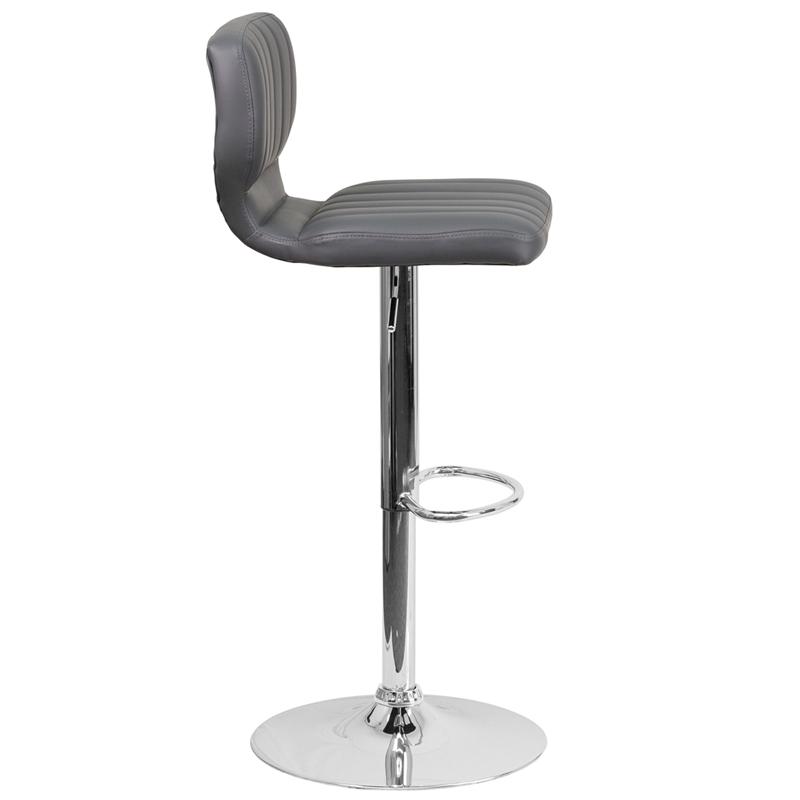 Gray Vinyl Adjustable Height Barstool with Vertical Stitch Back and Chrome Base. Picture 2