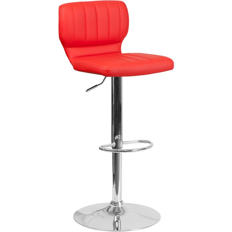 Contemporary Red Vinyl Adjustable Height Barstool with Vertical Stitch Back and Chrome Base. Picture 1