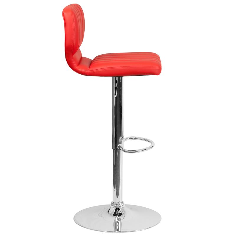 Red Vinyl Adjustable Height Barstool with Vertical Stitch Back and Chrome Base. Picture 2