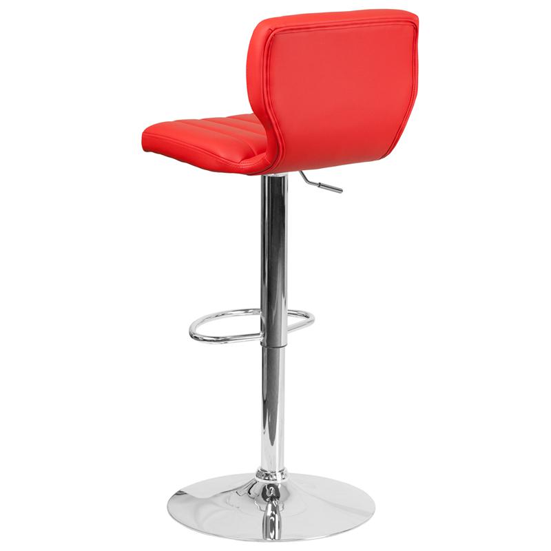 Red Vinyl Adjustable Height Barstool with Vertical Stitch Back and Chrome Base. Picture 3