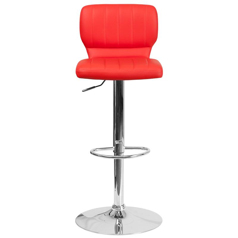 Contemporary Red Vinyl Adjustable Height Barstool with Vertical Stitch Back and Chrome Base. Picture 4