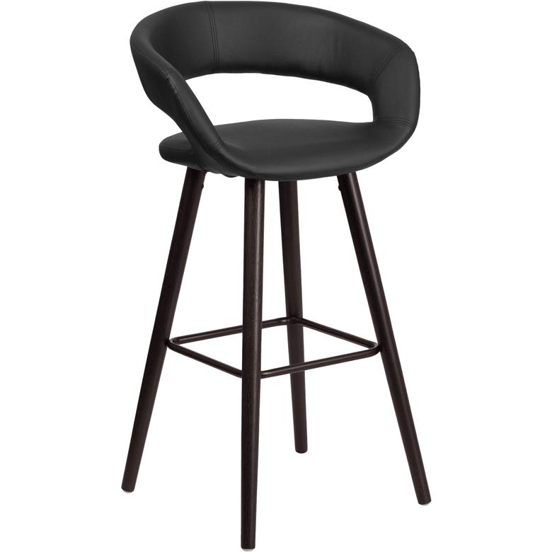 29'' High Contemporary Cappuccino Wood Barstool in Black Vinyl. Picture 1