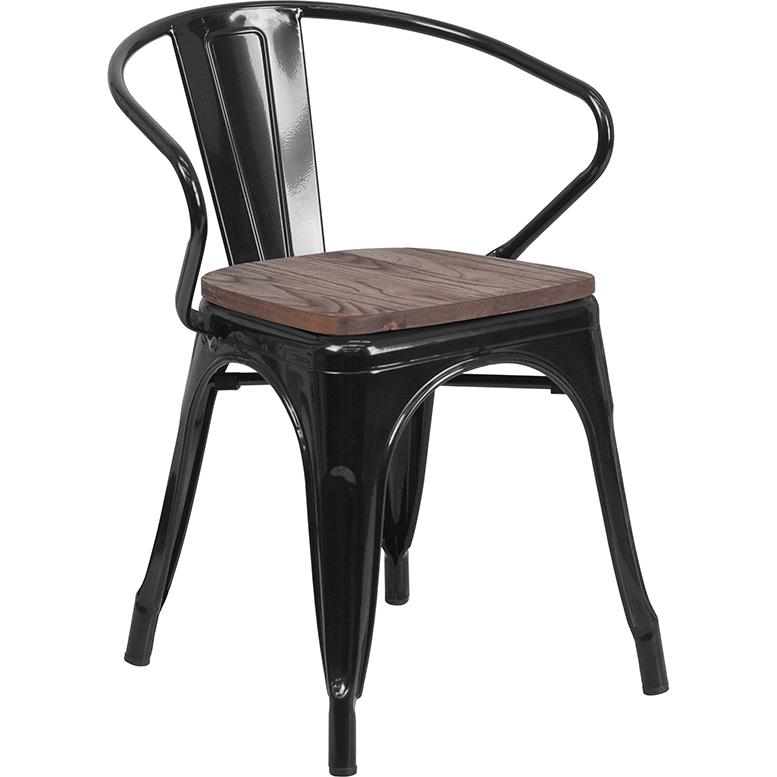 Black Metal Chair with Wood Seat and Arms. Picture 1