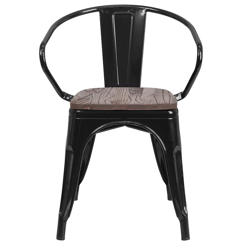 Black Metal Chair with Wood Seat and Arms. Picture 4