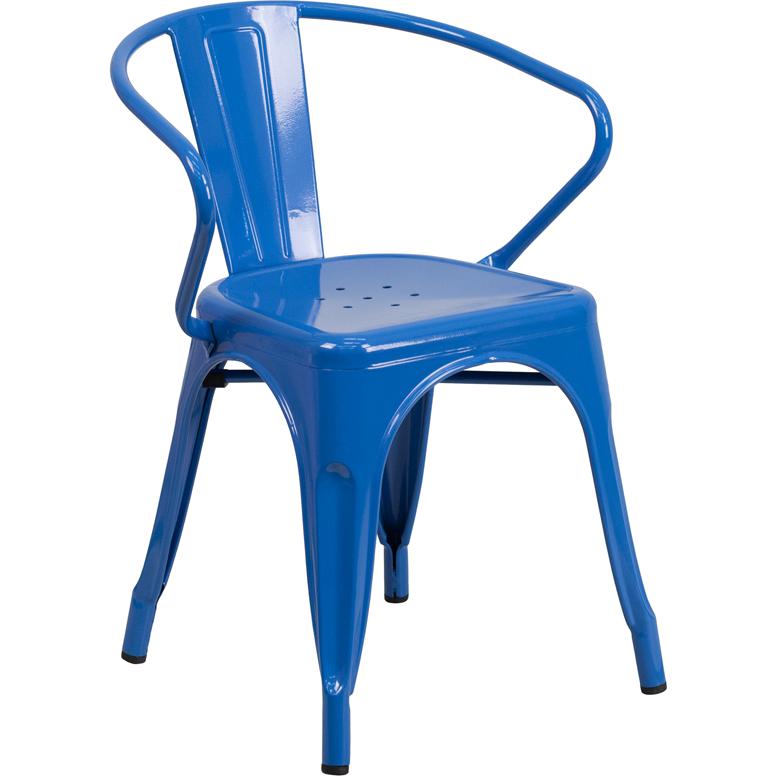 Commercial Grade Blue Metal Indoor-Outdoor Chair with Arms. Picture 1