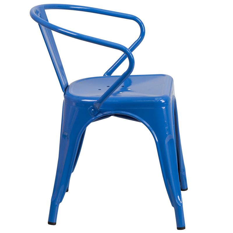 Commercial Grade Blue Metal Indoor-Outdoor Chair with Arms. Picture 2