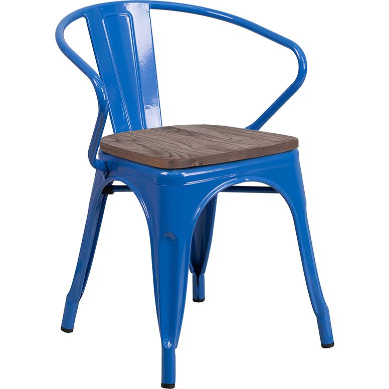 Blue Metal Chair with Wood Seat and Arms. Picture 1