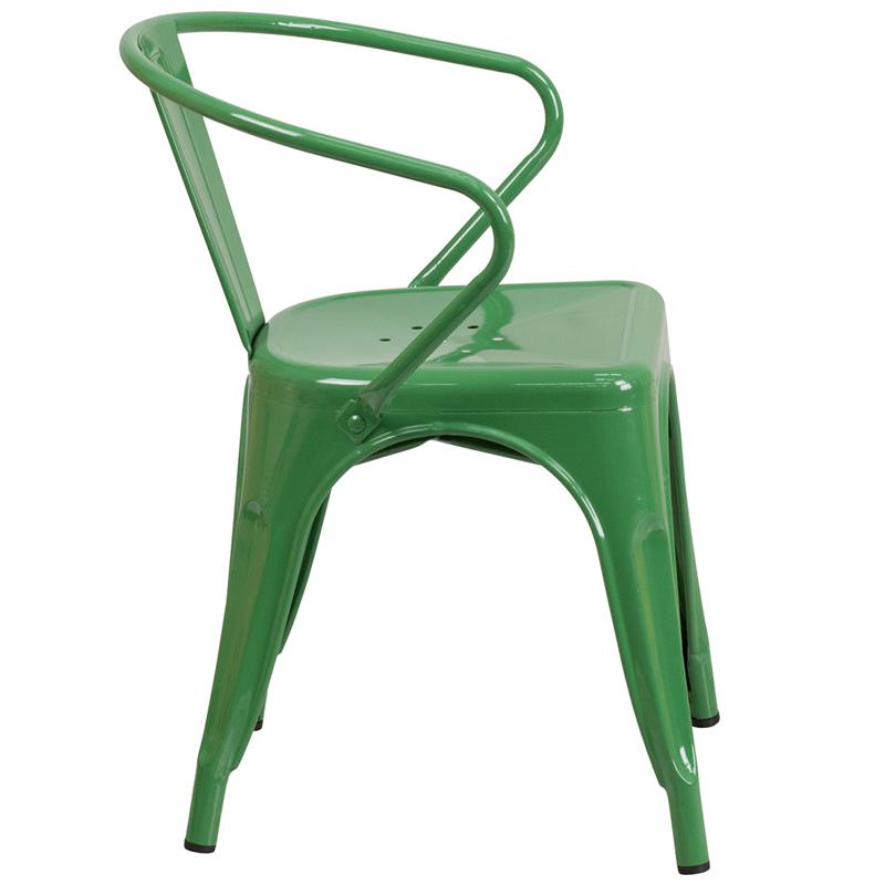 Commercial Grade Green Metal Indoor-Outdoor Chair with Arms. Picture 2