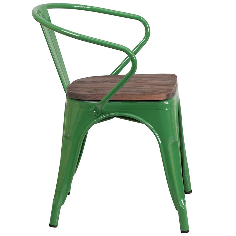 Green Metal Chair with Wood Seat and Arms. Picture 2