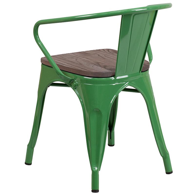 Green Metal Chair with Wood Seat and Arms. Picture 3
