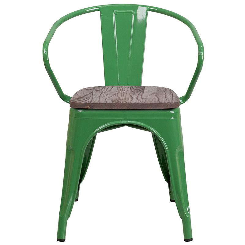 Green Metal Chair with Wood Seat and Arms. Picture 4