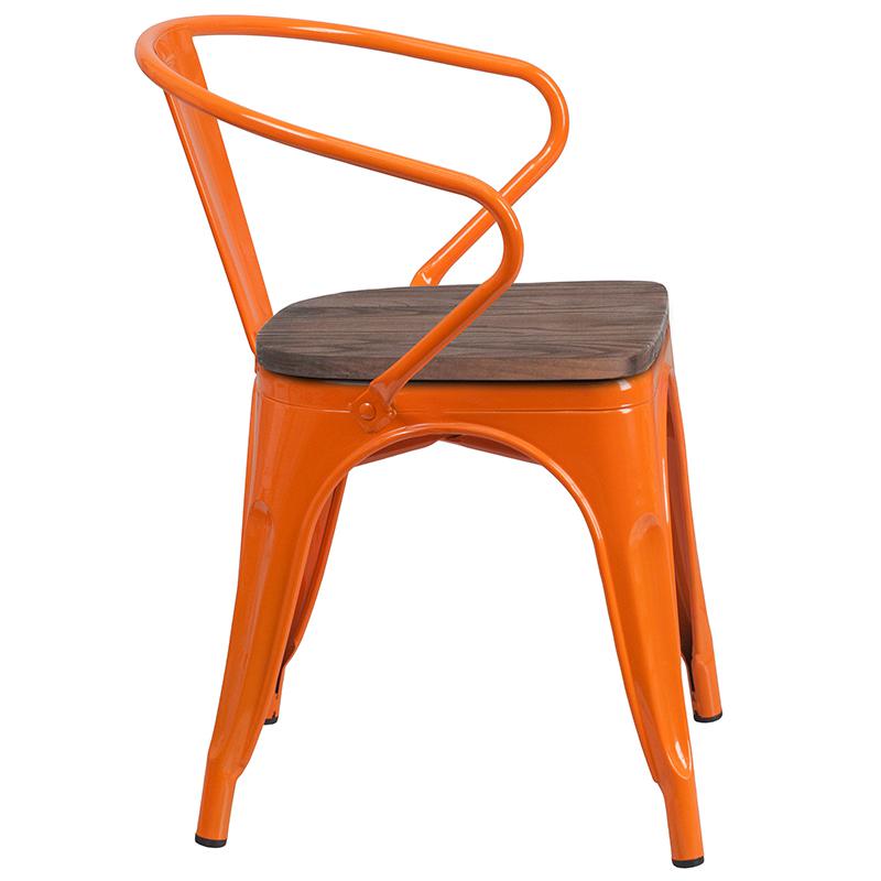 Orange Metal Chair with Wood Seat and Arms. Picture 2