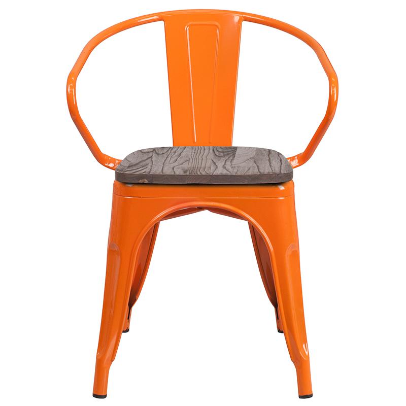 Orange Metal Chair with Wood Seat and Arms. Picture 4