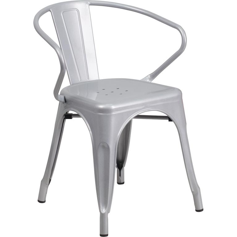 Commercial Grade Silver Metal Indoor-Outdoor Chair with Arms. Picture 1
