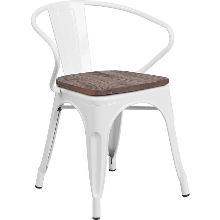 White Metal Chair with Wood Seat and Arms. Picture 1