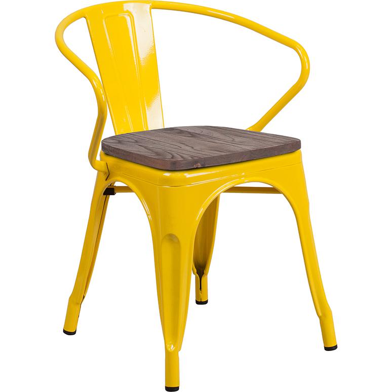Yellow Metal Chair with Wood Seat and Arms. Picture 1