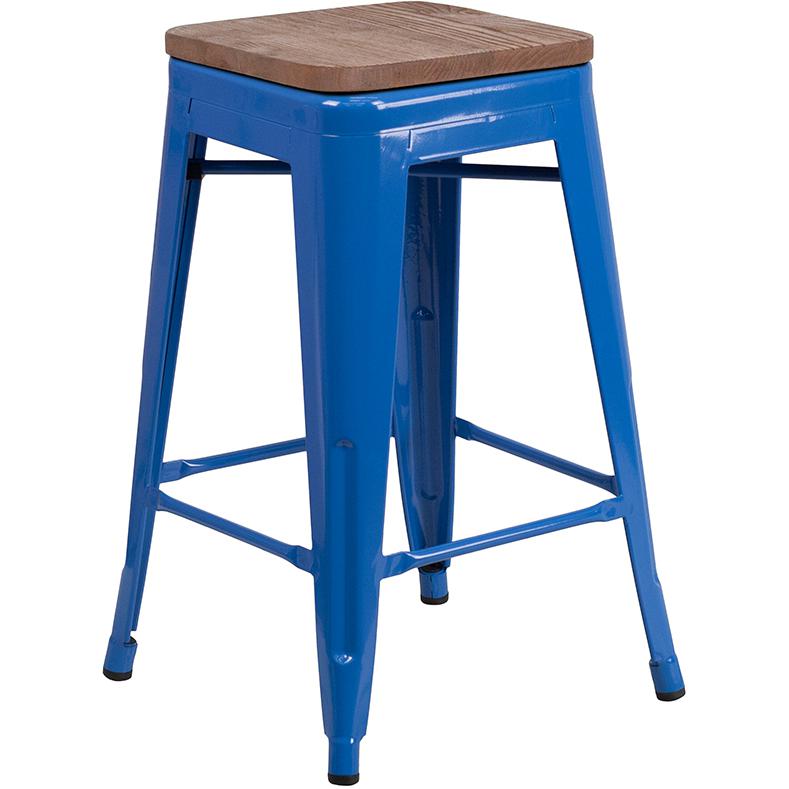 24" High Backless Blue Metal Counter Height Stool with Square Wood Seat. Picture 1