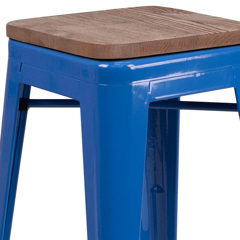 24" High Backless Blue Metal Counter Height Stool with Square Wood Seat. Picture 2