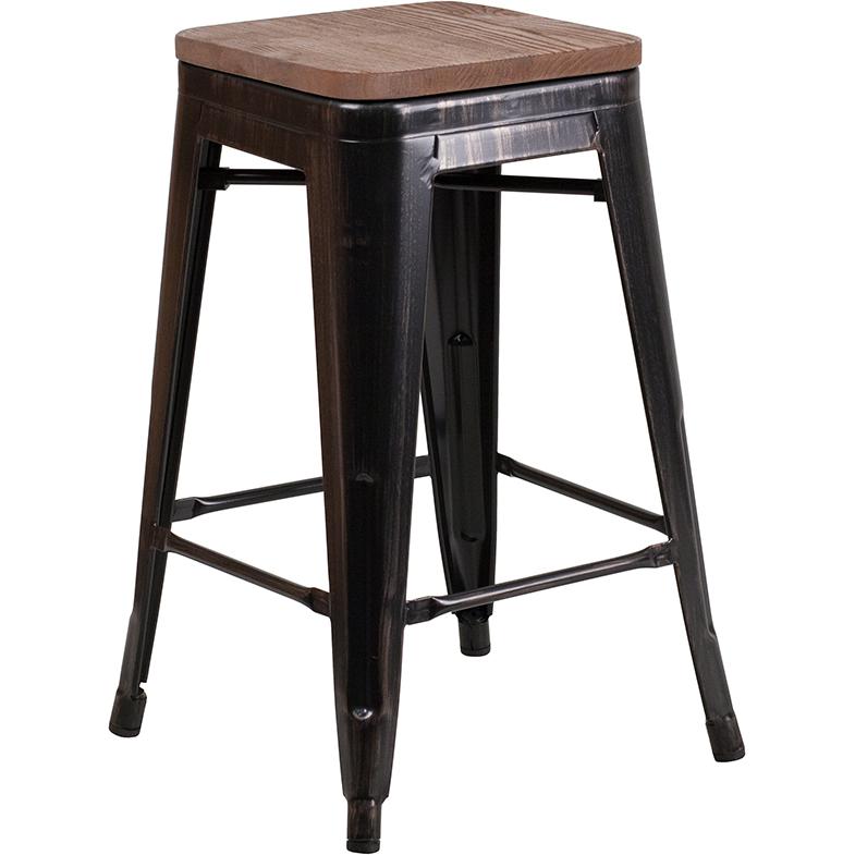 24" High Backless Black-Antique Gold Metal Counter Height Stool with Wood Seat. Picture 1