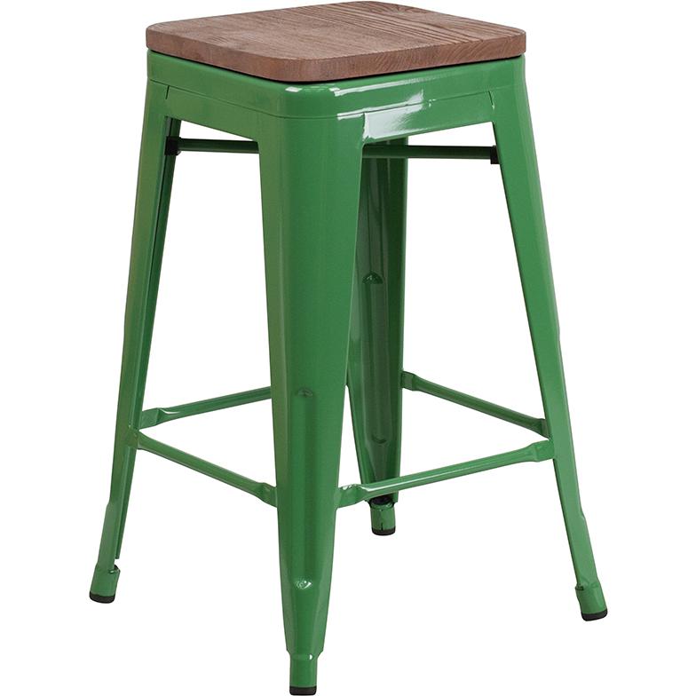 24" High Backless Green Metal Counter Height Stool with Square Wood Seat. Picture 1