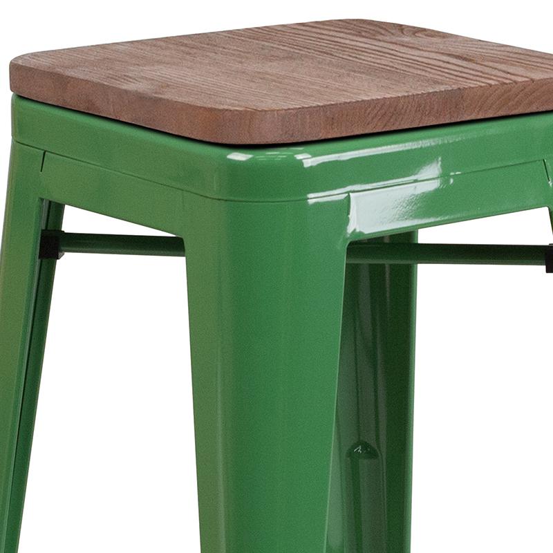 24" High Backless Green Metal Counter Height Stool with Square Wood Seat. Picture 2