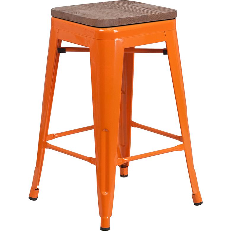 24" High Backless Orange Metal Counter Height Stool with Square Wood Seat. The main picture.
