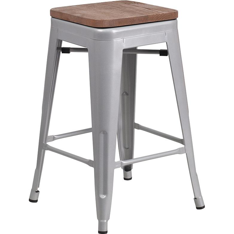 24" High Backless Silver Metal Counter Height Stool with Square Wood Seat. Picture 1