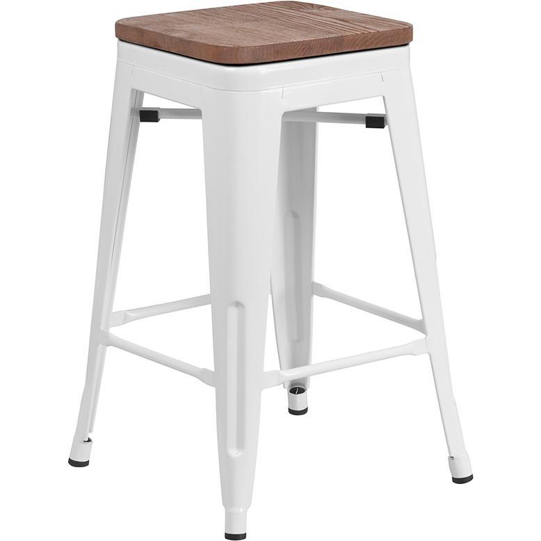 24" High Backless White Metal Counter Height Stool with Square Wood Seat. The main picture.